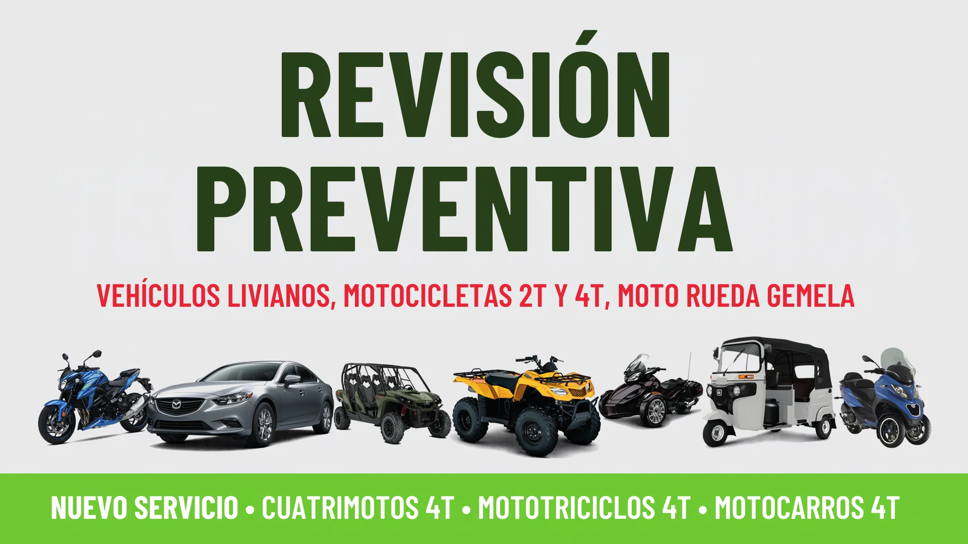 Revisión preventiva para vehículos livianos y motocicletas. Consulta atención para categorías especiales como cuatrimotos, mototriciclos y motocarros 4T.
