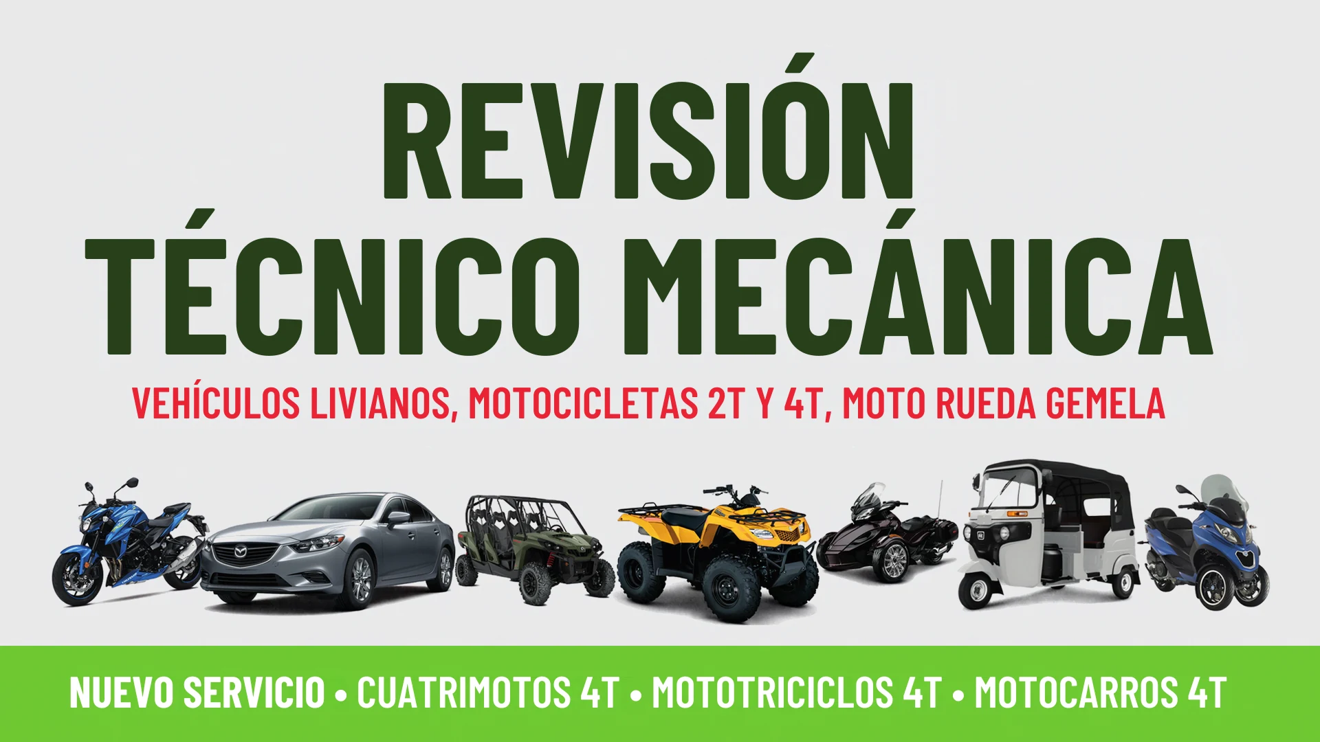 Revisión técnico-mecánica para vehículos livianos, motocicletas 2T y 4T y motocicletas de rueda gemela. Consulta atención para cuatrimotos, mototriciclos y motocarros 4T.
